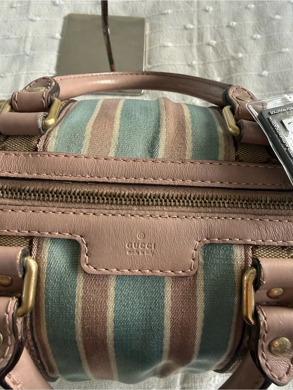 Gucci Beige GG Canvas Satchel with Pink Trim and Blue-Green Stripe